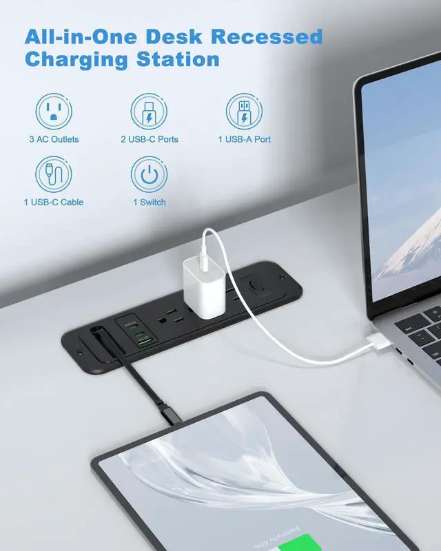 Alt view image 3 of 7 - Recessed Power Strip with Retractable USB C Cable,2 PD 20W USB C,Flush Mount Countertop Drawer Outlet, Furniture Hidden Outlet for Side Table,End Table,3 Outlets (Black, 6FT-20W USB)