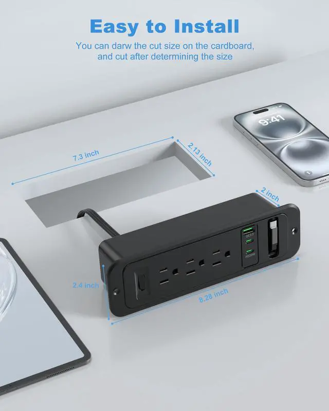 Alt view image 6 of 7 - Recessed Power Strip with Retractable USB C Cable,2 PD 20W USB C,Flush Mount Countertop Drawer Outlet, Furniture Hidden Outlet for Side Table,End Table,3 Outlets (Black, 6FT-20W USB)