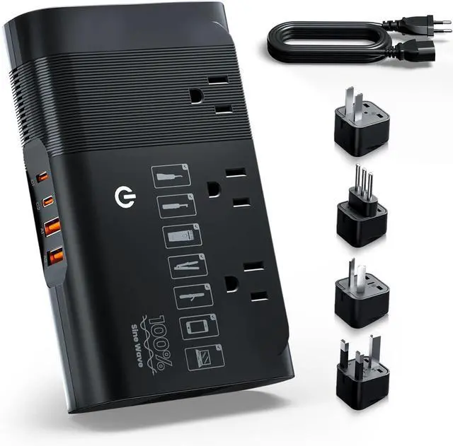 Main image of 500W 220V to 110V Pure Sine Wave Voltage Converter, Black | Travel Adapter Included, Europe/UK/AU Plug Compatibility, For Hair Straighteners, Cameras & Devices, Compact Travel