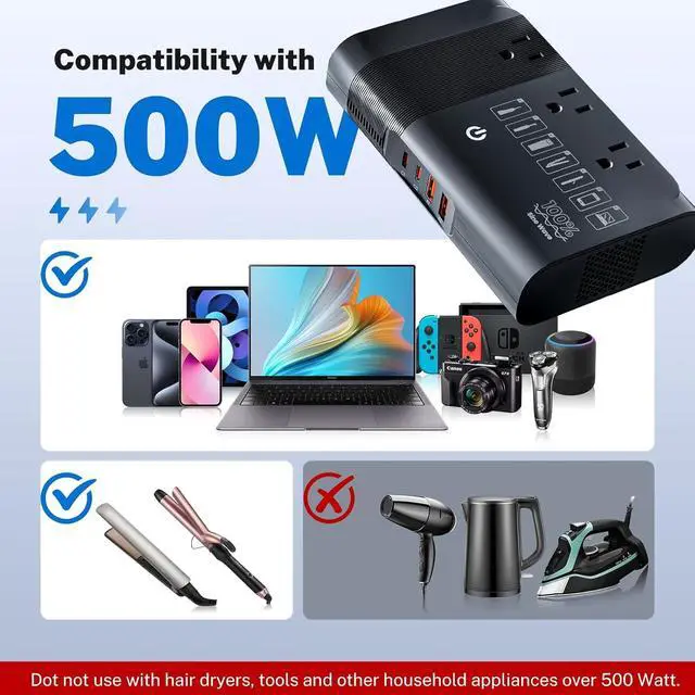 Alt view image 3 of 7 - 500W 220V to 110V Pure Sine Wave Voltage Converter, Black | Travel Adapter Included, Europe/UK/AU Plug Compatibility, For Hair Straighteners, Cameras & Devices, Compact Travel
