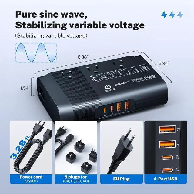 Alt view image 4 of 7 - 500W 220V to 110V Pure Sine Wave Voltage Converter, Black | Travel Adapter Included, Europe/UK/AU Plug Compatibility, For Hair Straighteners, Cameras & Devices, Compact Travel