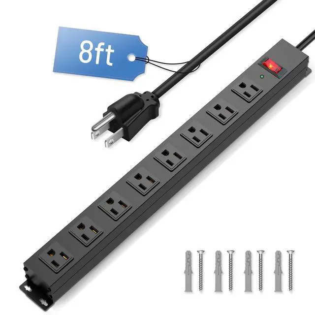 Alt view image 2 of 7 - 8 Outlet Power Strip Surge Protector, 8 Feet Metal Power Strip Heavy Duty with Switch for Home Office School Shop Garage, Wall Mount with Screw, 2100J 15A 125V 1875W, 14AWG, SGS Listed, Black