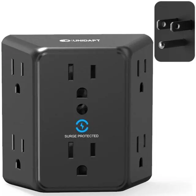 Main image of Multi Plug Wall Outlet Extender, Surge Protector 900J, 6 AC, Black | Splitter Power Strip, 900 Joules, 3 Side Wide Spaced Outlets, Mountable Wall Tap Charger Expander for Office, Home