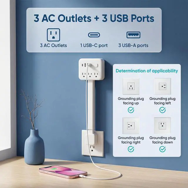 Alt view image 3 of 7 - Extendable Outlet, Wall Plug Extension for Behind Couch, Sofa | 17.5-25.6in, 180 Degree Rotating Plug, 3 AC Outlets, 2 USB-A + 1 USB-C