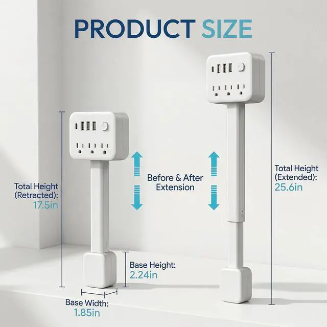 Alt view image 4 of 7 - Extendable Outlet, Wall Plug Extension for Behind Couch, Sofa | 17.5-25.6in, 180 Degree Rotating Plug, 3 AC Outlets, 2 USB-A + 1 USB-C