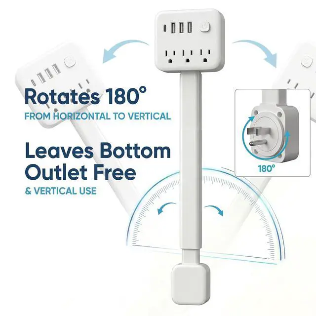 Alt view image 5 of 7 - Extendable Outlet, Wall Plug Extension for Behind Couch, Sofa | 17.5-25.6in, 180 Degree Rotating Plug, 3 AC Outlets, 2 USB-A + 1 USB-C