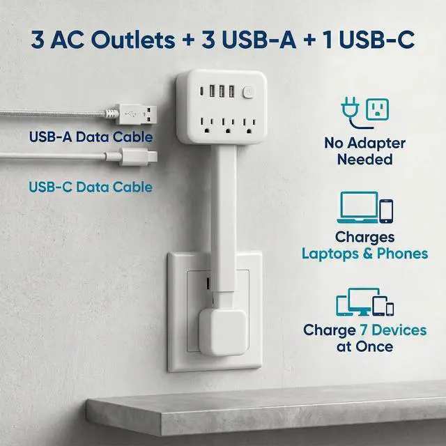 Alt view image 6 of 7 - Extendable Outlet, Wall Plug Extension for Behind Couch, Sofa | 17.5-25.6in, 180 Degree Rotating Plug, 3 AC Outlets, 2 USB-A + 1 USB-C