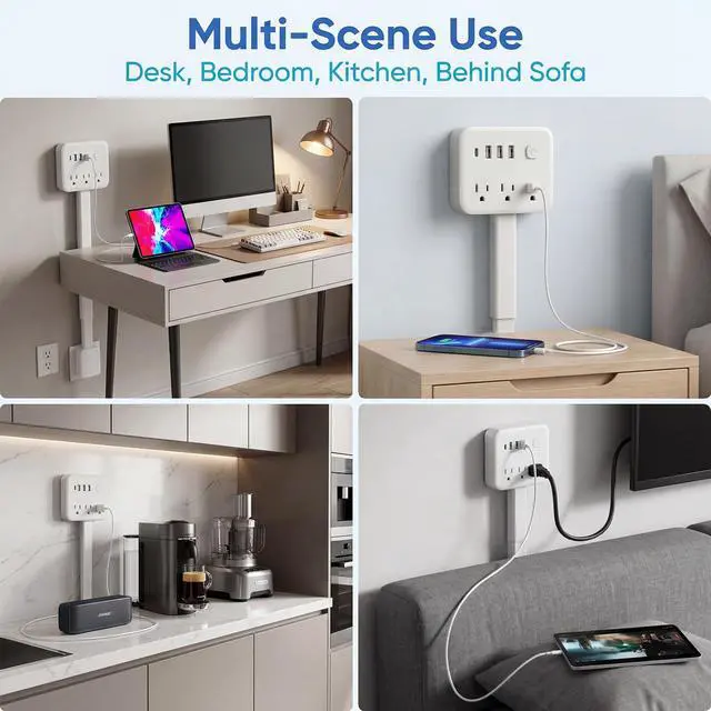 Alt view image 7 of 7 - Extendable Outlet, Wall Plug Extension for Behind Couch, Sofa | 17.5-25.6in, 180 Degree Rotating Plug, 3 AC Outlets, 2 USB-A + 1 USB-C