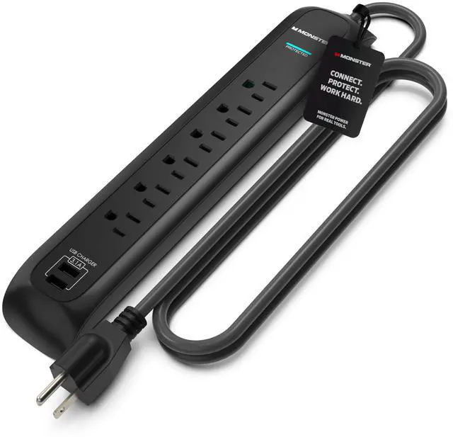 Main image of Power Surge Protector w/ 1200 Joule Rating Heavy Duty 6 FT Surge Protector Power Strip w/ 6 120V Outlets, 2 USB-A Ports Fireproof MOV, Dual Mode, Clean Tech for Home & Office (Black)