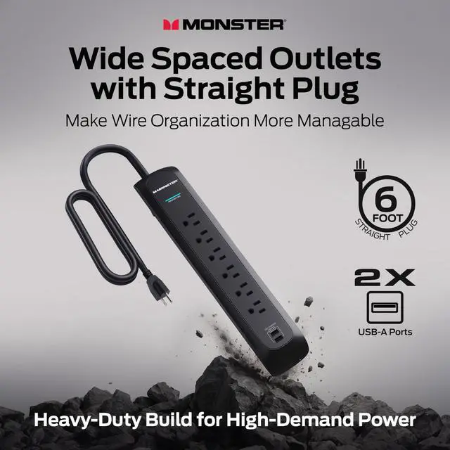Alt view image 2 of 7 - Power Surge Protector w/ 1200 Joule Rating Heavy Duty 6 FT Surge Protector Power Strip w/ 6 120V Outlets, 2 USB-A Ports Fireproof MOV, Dual Mode, Clean Tech for Home & Office (Black)