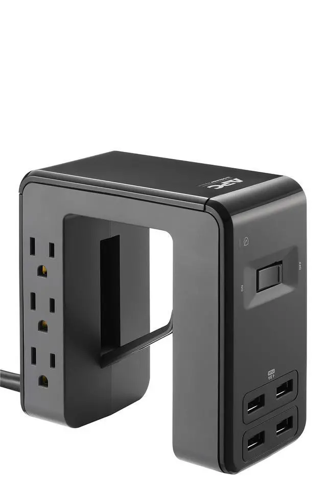 Alt view image 2 of 7 - Desk Mount Power Station PE6U4, U-Shaped Surge Protector with USB Ports (4), Desk Clamp, 6 Outlet, 1080 Joules Black