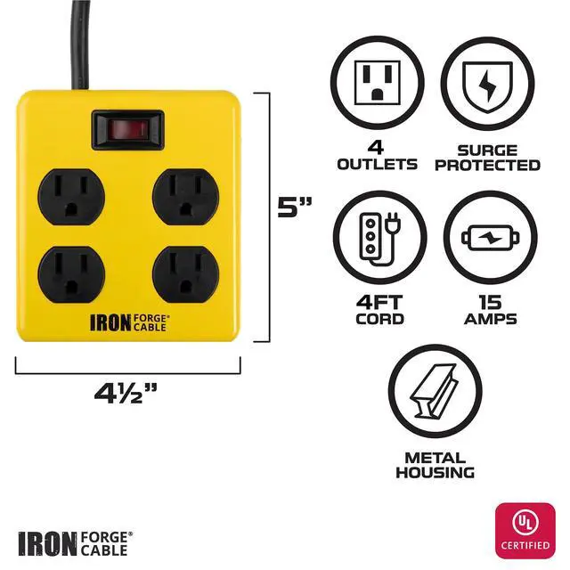 Alt view image 2 of 5 - 4 Outlet Surge Protector Power Strip, 4 Ft | 4 Grounded Outlets, Circuit Breaker - For Home, Office & Workshop