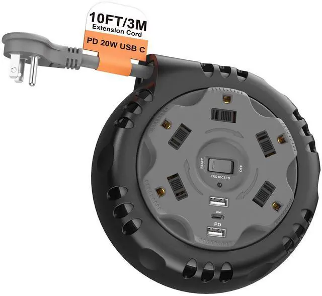 Main image of Retractable Power Strip Extension Cord Reel with USB C PD 20W, ETL Listed Flat Plug Travel Power Strip Surge Protection with 5 AC 3 USB Ports, 10FT Travel Extension Cord Portable Outlet, Black Grey