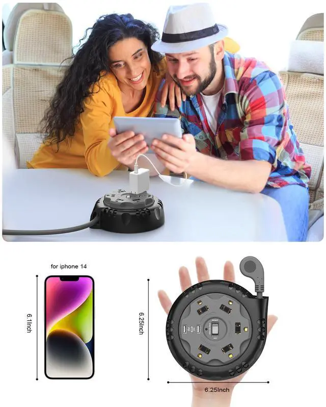 Alt view image 3 of 7 - Retractable Power Strip Extension Cord Reel with USB C PD 20W, ETL Listed Flat Plug Travel Power Strip Surge Protection with 5 AC 3 USB Ports, 10FT Travel Extension Cord Portable Outlet, Black Grey