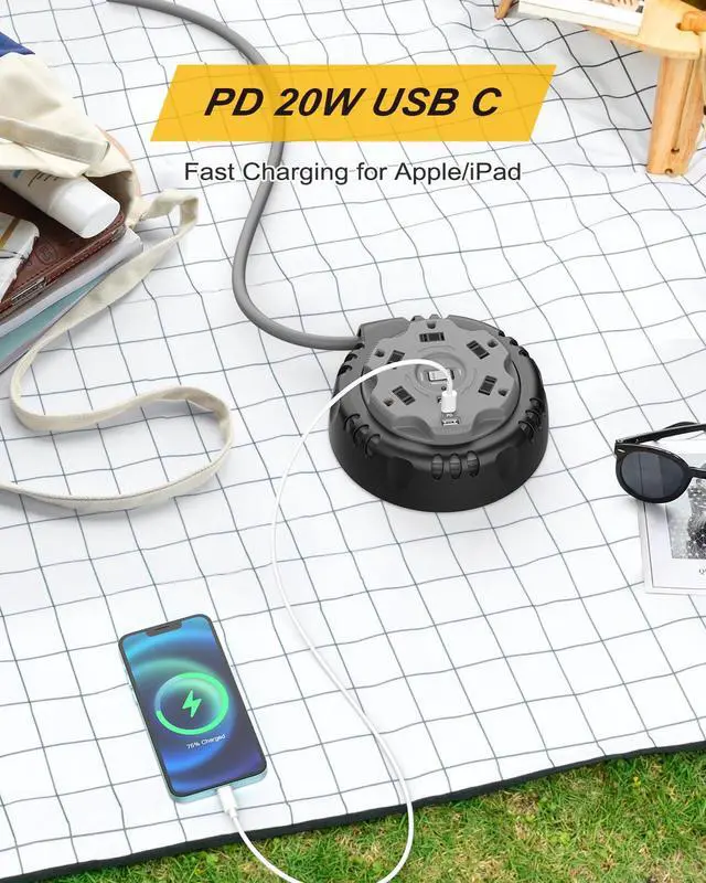 Alt view image 4 of 7 - Retractable Power Strip Extension Cord Reel with USB C PD 20W, ETL Listed Flat Plug Travel Power Strip Surge Protection with 5 AC 3 USB Ports, 10FT Travel Extension Cord Portable Outlet, Black Grey