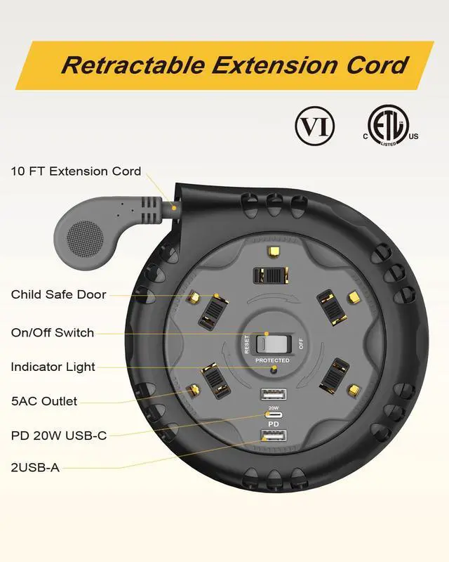Alt view image 6 of 7 - Retractable Power Strip Extension Cord Reel with USB C PD 20W, ETL Listed Flat Plug Travel Power Strip Surge Protection with 5 AC 3 USB Ports, 10FT Travel Extension Cord Portable Outlet, Black Grey