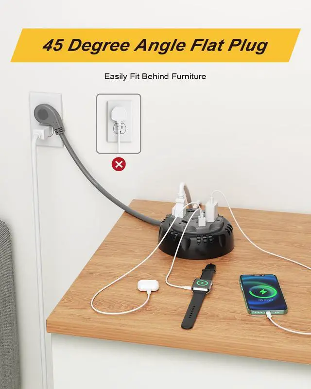 Alt view image 7 of 7 - Retractable Power Strip Extension Cord Reel with USB C PD 20W, ETL Listed Flat Plug Travel Power Strip Surge Protection with 5 AC 3 USB Ports, 10FT Travel Extension Cord Portable Outlet, Black Grey