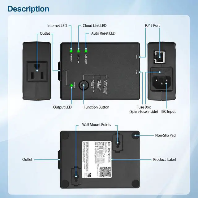 Alt view image 6 of 6 - 5 IP Enabled Remote Power, Ping Auto Reboot, Single Outlet, 10A Fuse, WiFi & LAN, Cloud & APP