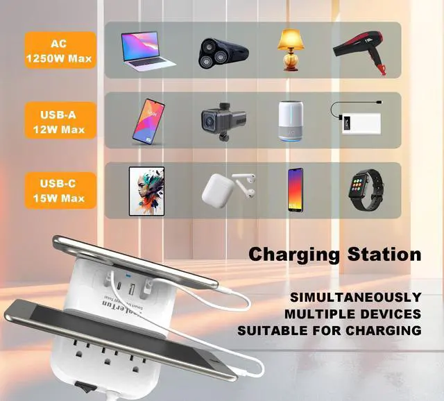 Alt view image 5 of 7 - Surge Protector Power Strip Outlet Extender 4 USB Charging Station with Multi Outlet,6FT Flat Plug Extension Cord 3 AC with Overload Protection ETL Certified for Office Home