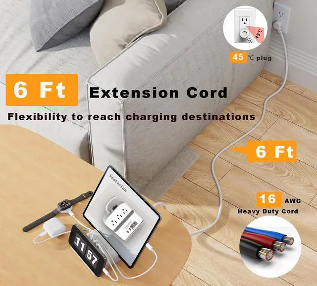 Alt view image 4 of 7 - Surge Protector Power Strip Outlet Extender 4 USB Charging Station with Multi Outlet,6FT Flat Plug Extension Cord 3 AC with Overload Protection ETL Certified for Office Home