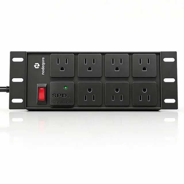 Main image of NodeQore 10 inch Rack PDU, 7 Rear Outlets, 1020J Surge Protection &15A Overload Switch, 2U RackMount, Rack Mount Power Strips for 10'' Mini Server Network Cabinets/Rack/Self, 6ft Cable
