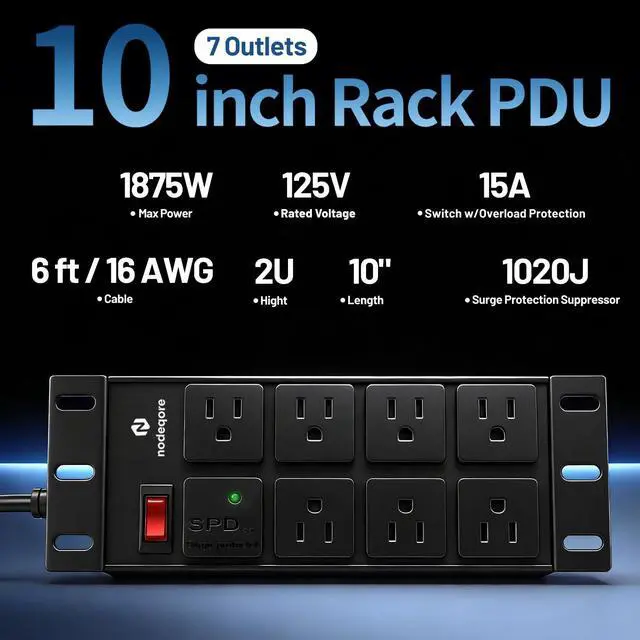 Alt view image 3 of 5 - NodeQore 10 inch Rack PDU, 7 Rear Outlets, 1020J Surge Protection &15A Overload Switch, 2U RackMount, Rack Mount Power Strips for 10'' Mini Server Network Cabinets/Rack/Self, 6ft Cable
