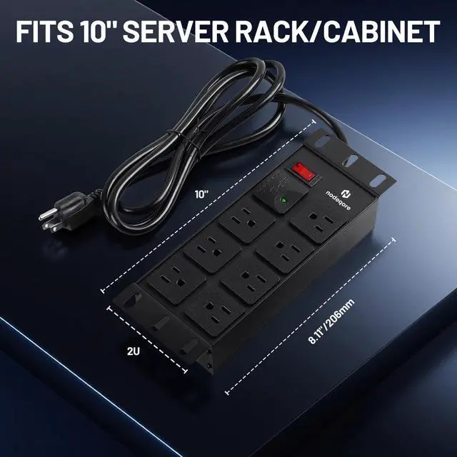 Alt view image 5 of 5 - NodeQore 10 inch Rack PDU, 7 Rear Outlets, 1020J Surge Protection &15A Overload Switch, 2U RackMount, Rack Mount Power Strips for 10'' Mini Server Network Cabinets/Rack/Self, 6ft Cable