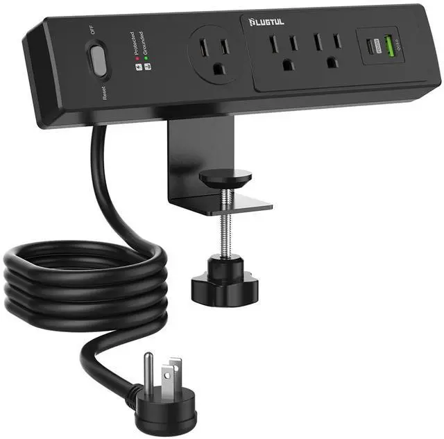 Main image of Desk Clamp Power Strip 6FT, Outlet Station with 3 Outlets, PD 20W Fast Charging, Flat Plug, 14 Gauge, 980J Surge Protector, Black Power Strip with USB C, Fit 1.72" Tabletop Edge