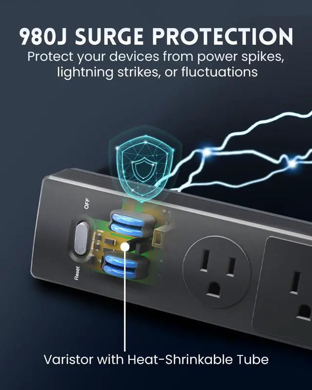 Alt view image 3 of 7 - Desk Clamp Power Strip 6FT, Outlet Station with 3 Outlets, PD 20W Fast Charging, Flat Plug, 14 Gauge, 980J Surge Protector, Black Power Strip with USB C, Fit 1.72" Tabletop Edge