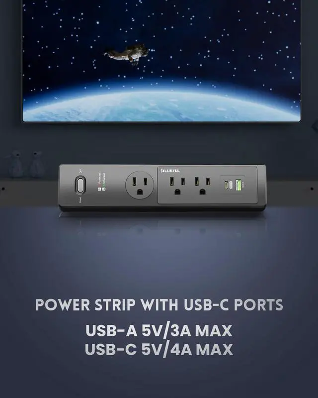 Alt view image 4 of 7 - Desk Clamp Power Strip 6FT, Outlet Station with 3 Outlets, PD 20W Fast Charging, Flat Plug, 14 Gauge, 980J Surge Protector, Black Power Strip with USB C, Fit 1.72" Tabletop Edge