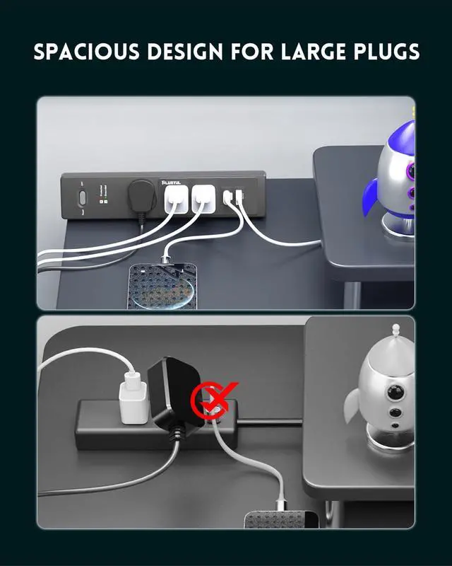 Alt view image 5 of 7 - Desk Clamp Power Strip 6FT, Outlet Station with 3 Outlets, PD 20W Fast Charging, Flat Plug, 14 Gauge, 980J Surge Protector, Black Power Strip with USB C, Fit 1.72" Tabletop Edge