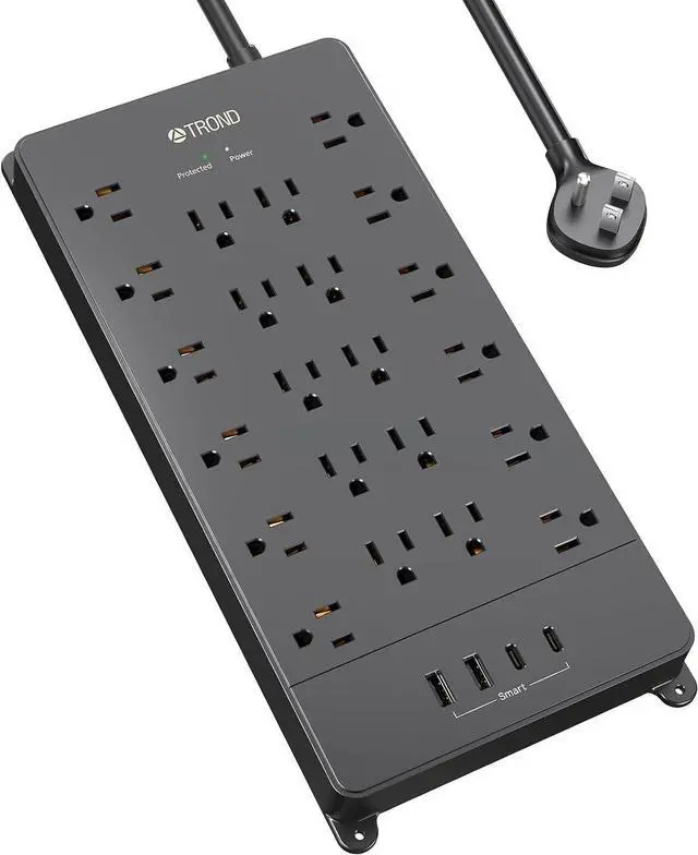 Main image of Surge Protector Power Strip 5ft, 4 USB Ports, 4000J, ETL Listed | 22 Widely Spaced Outlet, Wall Mount, Flat Plug Heavy Duty Long Extension Cord for Home, Office, Dorm Essential, Black