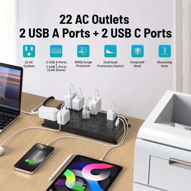 Alt view image 2 of 7 - Surge Protector Power Strip 5ft, 4 USB Ports, 4000J, ETL Listed | 22 Widely Spaced Outlet, Wall Mount, Flat Plug Heavy Duty Long Extension Cord for Home, Office, Dorm Essential, Black