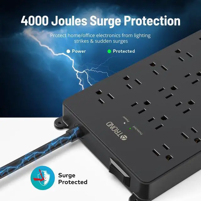 Alt view image 3 of 7 - Surge Protector Power Strip 5ft, 4 USB Ports, 4000J, ETL Listed | 22 Widely Spaced Outlet, Wall Mount, Flat Plug Heavy Duty Long Extension Cord for Home, Office, Dorm Essential, Black