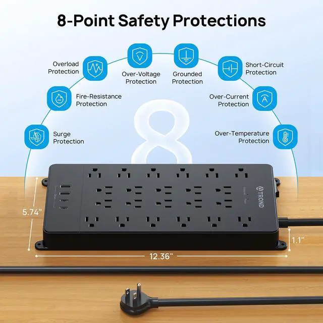 Alt view image 7 of 7 - Surge Protector Power Strip 5ft, 4 USB Ports, 4000J, ETL Listed | 22 Widely Spaced Outlet, Wall Mount, Flat Plug Heavy Duty Long Extension Cord for Home, Office, Dorm Essential, Black