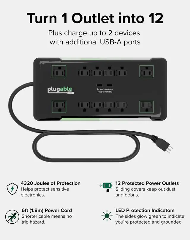 Alt view image 2 of 6 - 12 Outlet Power Strip 4320 Joules Surge Protection, Built-in 10.5W 2-Port USB Charger for Android and Apple Phones, Mobile Devices, 6 Foot Cable