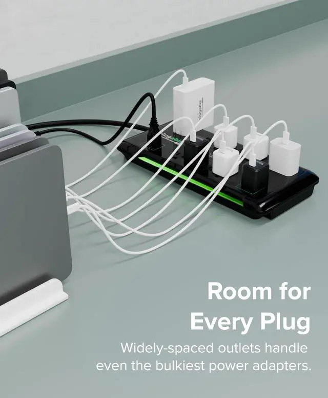 Alt view image 5 of 6 - 12 Outlet Power Strip 4320 Joules Surge Protection, Built-in 10.5W 2-Port USB Charger for Android and Apple Phones, Mobile Devices, 6 Foot Cable