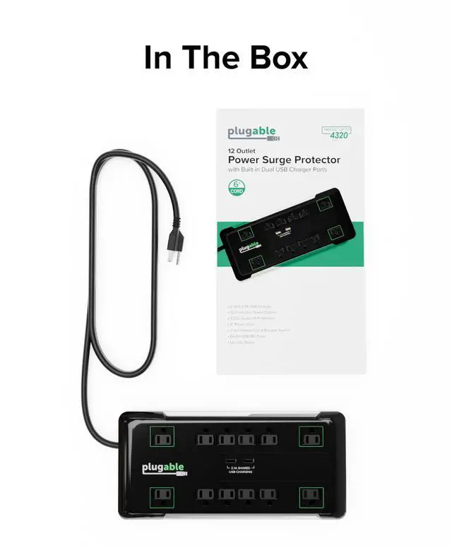 Alt view image 6 of 6 - 12 Outlet Power Strip 4320 Joules Surge Protection, Built-in 10.5W 2-Port USB Charger for Android and Apple Phones, Mobile Devices, 6 Foot Cable
