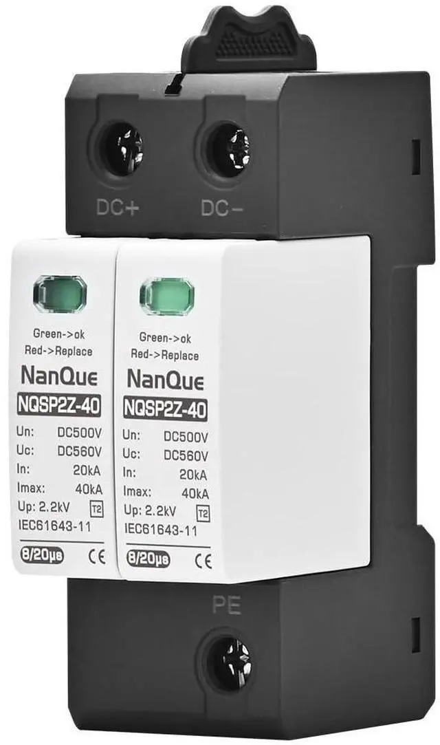 Main image of DC SPD Surge Protector for 100V-1000V PV Systems, 2-Pole 40kA T2 Level, Replaceable Module, Solar Panel Lightning Protection, Overvoltage Protection (250V)