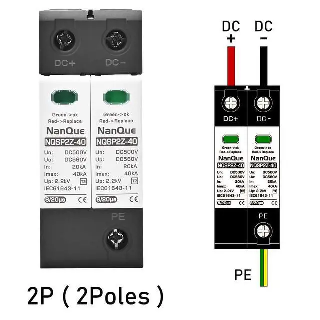 Alt view image 3 of 7 - DC SPD Surge Protector for 100V-1000V PV Systems, 2-Pole 40kA T2 Level, Replaceable Module, Solar Panel Lightning Protection, Overvoltage Protection (250V)