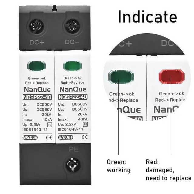 Alt view image 4 of 7 - DC SPD Surge Protector for 100V-1000V PV Systems, 2-Pole 40kA T2 Level, Replaceable Module, Solar Panel Lightning Protection, Overvoltage Protection (250V)