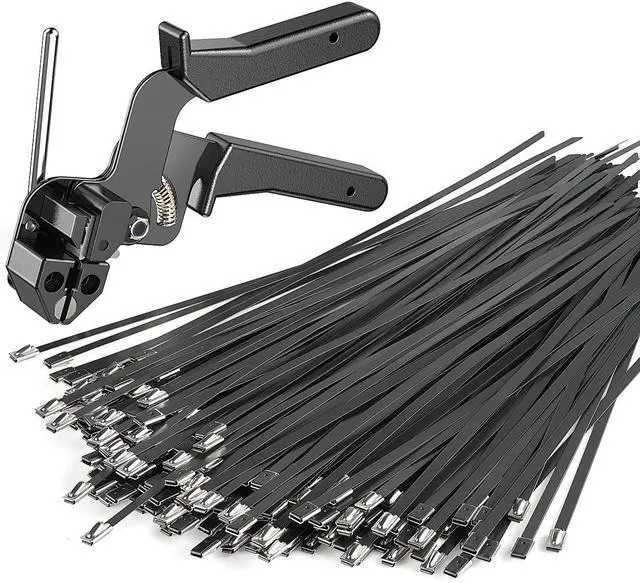 Main image of Metal Zip Ties with Cable Tie Gun, 200 Black Stainless Steel Ties | 11.8-inch black 304 stainless steel ties rated up to 200 lb for fence repair, farm, garden, cable and outdoor fastening