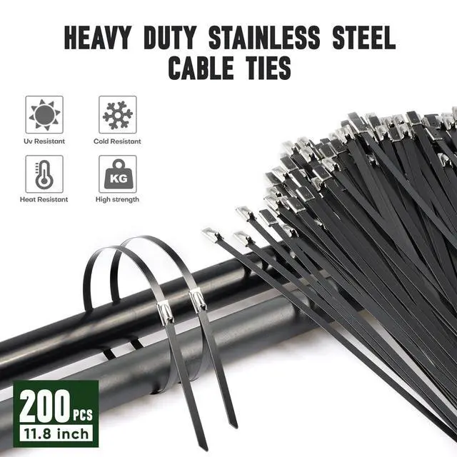 Alt view image 4 of 7 - Metal Zip Ties with Cable Tie Gun, 200 Black Stainless Steel Ties | 11.8-inch black 304 stainless steel ties rated up to 200 lb for fence repair, farm, garden, cable and outdoor fastening
