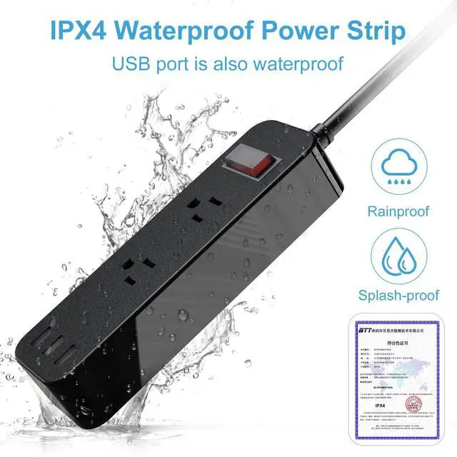 Alt view image 2 of 6 - Outdoor Waterproof Power Strip with 2 Outlets 3 USB Ports, 6FT Flat Plug Extension Cord, Surge Protector, Mountable for Garden Bathroom Kitchen, Black
