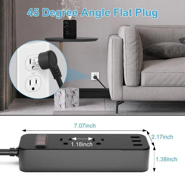 Alt view image 5 of 6 - Outdoor Waterproof Power Strip with 2 Outlets 3 USB Ports, 6FT Flat Plug Extension Cord, Surge Protector, Mountable for Garden Bathroom Kitchen, Black
