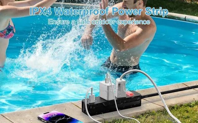 Alt view image 6 of 6 - Outdoor Waterproof Power Strip with 2 Outlets 3 USB Ports, 6FT Flat Plug Extension Cord, Surge Protector, Mountable for Garden Bathroom Kitchen, Black