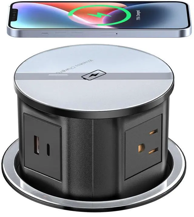 Main image of Pop Up Outlet for Countertop with 20W USB C, Recessed Power Strip 4-3/4'' Hidden Outlet with 15W Wireless Charger Electrical Power Socket with 4 AC Plug and 1 USB-A Port for Kitchen(Black)