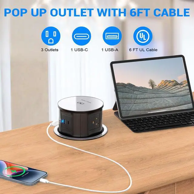 Alt view image 3 of 7 - Pop Up Outlet for Countertop with 20W USB C, Recessed Power Strip 4-3/4'' Hidden Outlet with 15W Wireless Charger Electrical Power Socket with 4 AC Plug and 1 USB-A Port for Kitchen(Black)