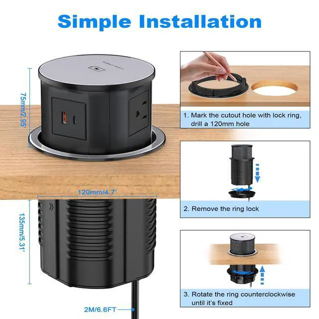 Alt view image 7 of 7 - Pop Up Outlet for Countertop with 20W USB C, Recessed Power Strip 4-3/4'' Hidden Outlet with 15W Wireless Charger Electrical Power Socket with 4 AC Plug and 1 USB-A Port for Kitchen(Black)