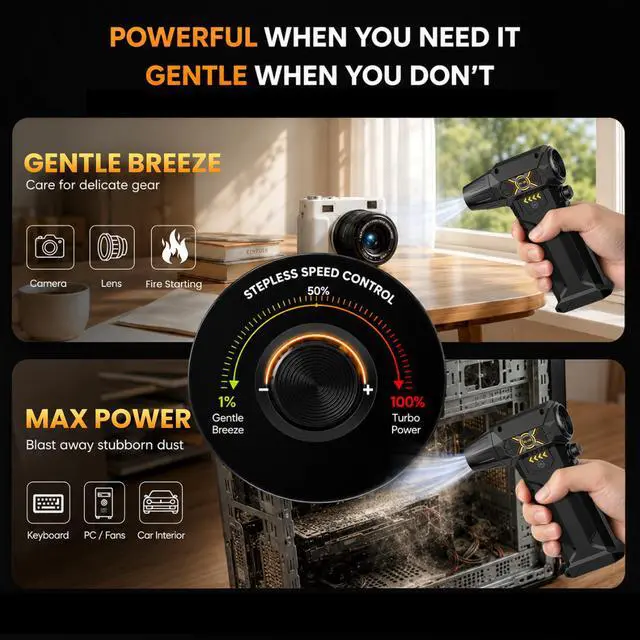 Alt view image 3 of 7 - Compressed Air Duster, Stepless Speed Dial, Powerful Airflow, 130,000 RPM Rechargeable Air Blower for PC, Keyboard, Computer, Home, Car Interior, Electronics,6 Cleaning Nozzles, Compact 0.5lb (FE-J35)